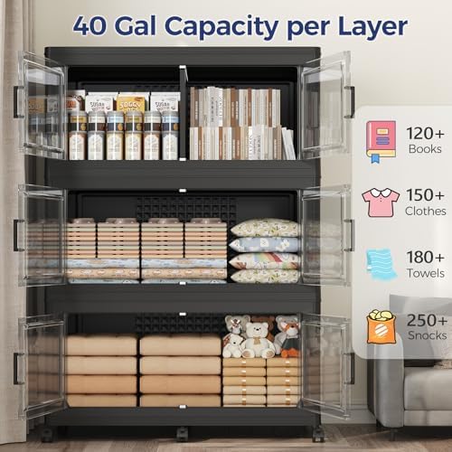 200Gal Stackable Storage Bins with Lid, 800Qt Extra Large Collapsible Storage Box with Wheels, Dividers, Folding Plastic Cabinet Closet Organizers for Home Kitchen Office Dorm, 5Pack Black