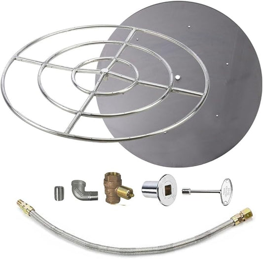 HPC Match Lit Fire Pit Burner Kit (FPS36HCKIT-PAN-NG-MSCB), Round, 36-Inch Burner, 42-Inch Flat Pan, Natural Gas, Polished Chrome, with Flange, Key, Valve, Flex Line and Fittings
