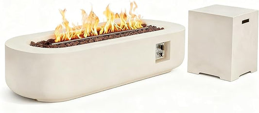 ECOTOUGE 60'' Propane Fire Pit, 2-Piece Gas Fire Pit Table Set w/Tank Cover, Auto-Ignition Steel Fire Table, 50,000 BTU Oval Concrete Fire Pit w/Weather-Resistant Pit Cover, Lava Rocks, White