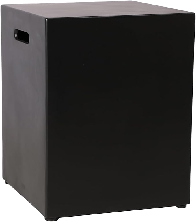 Outdoor Propane Tank Cover Table with Seat, Black Tank Storage Box with Handles for Propane Gas Fire Pit, 16 Inch Modern Hideaway Concrete Square Indoor or Outdoor Side Table for Outside Patio