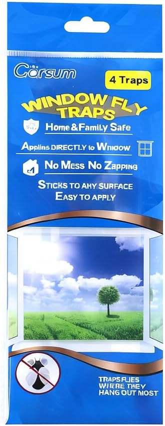Garsum Window Fly Traps Indoor, Fly Paper Bug Sticky Strips, House Fly Killer Window Decal Non-Toxic,4 Pcs