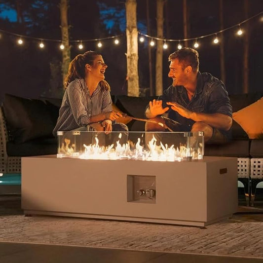 NICESOUL 42'' Rectangle Outdoor Gas/Propane Firepit Table, 50,000 BTU Low Profile Modern Fire Pit with Tank Storage & Windguard& Cover & Glass Rocks for Patio Outside, CSA Certified, Greyish White