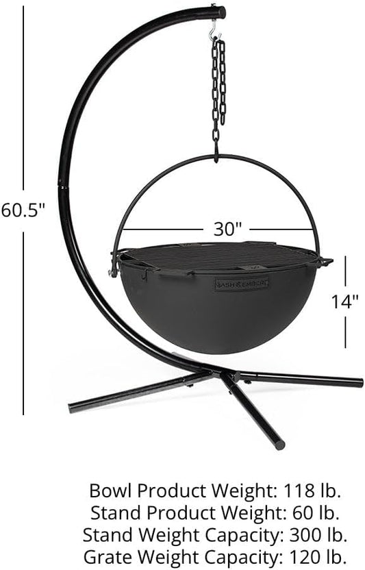 Ash & Ember 30" Cast Iron Cauldron Fire Pit Bowl, Double Hinged Grill Grate with Easy-Lift Handles, Handing Chain and Cauldron Stand, Round Wood Burning Patio Fire Bowl for Backyard Entertainment