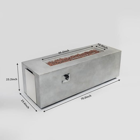 70" Linear Rectangular Modern Concrete Fire Pit Table, Double Level Storage Unit and Lava Rocks, Side Handles – Light Grey.