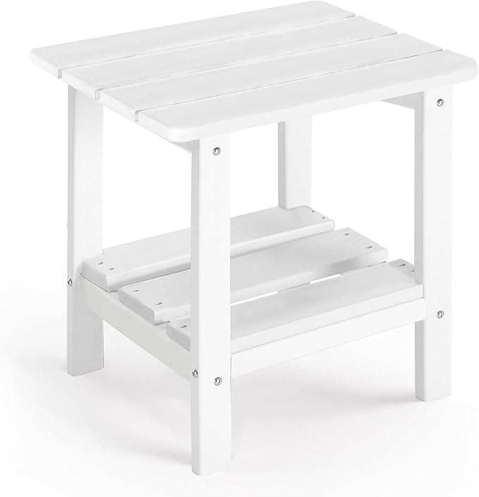 Adirondack Outdoor Side Table, 2-Tier Small Patio End Table, Weather Resistant HDPE Outdoor End Tables for Garden, Lawn, Pool, Beach, Porch, Deck, Backyard - Square, White