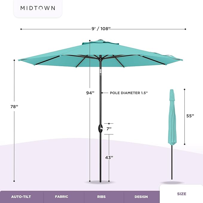 Midtown Umbrellas Sunbrella Umbrella 9 Feet Outdoor Umbrella With Canvas Teal Acrylic Fabric - Auto-Tilt Aluminum Frame Patio Umbrella For Backyard, Deck, Garden, Pool - Black Pole