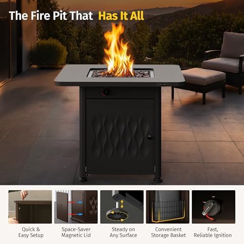 EAST OAK 32'' Propane Fire Pit Table, 50,000 BTU Steel Gas FirePit for Outdoor, Outside Patio Deck and Garden, CSA Certified Fire Table with Magnetic Lid, Cover-Storage Basket and Lava Rock, Black