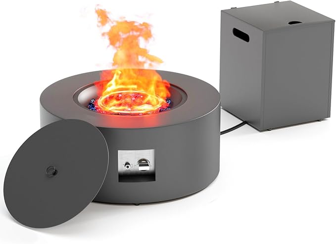 2-Piece 30" Round Propane Fire Pit for Outside Patio with Hidden Tank Table, 50,000 BTU Fireplaces with Lid, Glass Rocks, Cover(Dark Grey)