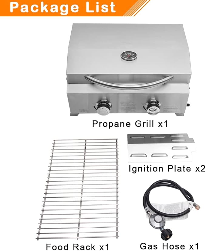 ROVSUN 20,000 BTU Portable Gas Grill, Large 2 Burner Tabletop Propane Grill with Foldable Legs, Regulator & Full Stainless Steel for Outdoor Picnic Camping Trip Tailgating Patio Garden BBQ Home Use