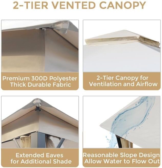 Outdoor Patio Gazebo 10x10, Heavy Duty Gazebos, Soft Top Gazebo with Metal Frame, Double Roof Canopy, Mosquito Nets, Permanent Pavilion for Decks & Backyards