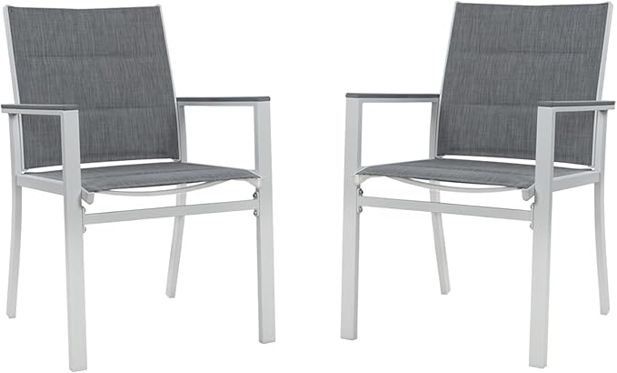 Kozyard Villa Outdoor Aluminum Patio Dining Chair (White Frame, Gray Paded Textilence, Pack of 2)