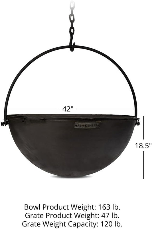 Ash & Ember 42" Cast Iron Cauldron Fire Pit Bowl with Double Hinged Grill Grate-Easy-Lift Handles & Handing Chain, Round Wood Burning Patio Fire Bowl for Backyard Patios