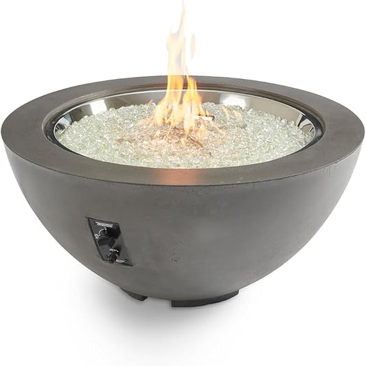 Outdoor GreatRoom Co Propane Fire Pit Table - Cove Gas Fire Pits for Outside Patio - 42 Inch Round Edge Bowl Concrete Firepit Fire Table, Glass Tabletop Cover, Clear Glass Gems, 105,000 BTU - Mist