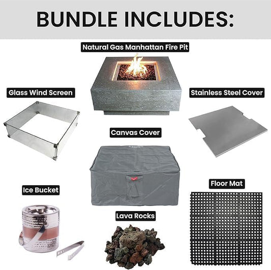 Elementi Square Outdoor Gas Fire Pit Table, Natural Gas Fire Pits for Outside Patio Includes Canvas Cover & Lava Rocks, Firepit Outdoor Fireplace for Backyard Gas Fire Pits & Outdoor Fireplaces