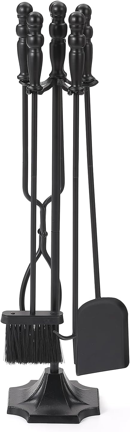 5 Pcs Fireplace Tools Set, Heavy Duty Cast Iron Fire Place Poker Set with Black Handle, Complete Kit with Base, Poker, Shovel, Tongs, Brush for Indoor Hearth or Outdoor Fire Pit