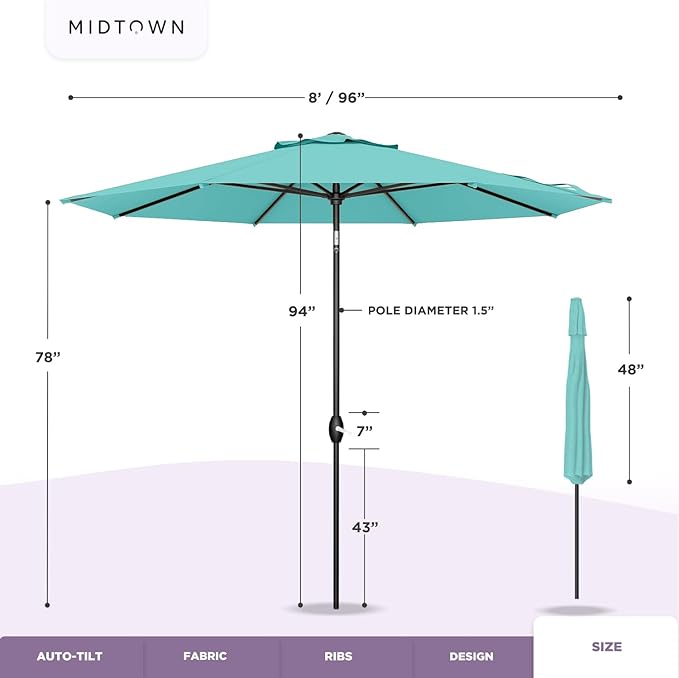 Midtown Umbrellas Sunbrella Umbrella 8 Feet Outdoor Umbrella With Sunbrella Bay Brown Acrylic Fabric - Auto-Tilt Aluminum Frame Patio Umbrella For Backyard, Deck, Garden, Pool - Black Pole