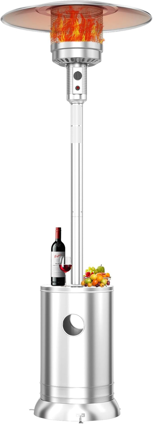 50,000 BTU Stainless Steel Propane Patio Heater, Double-Layer Burner with Round Table Design, Outdoor Space Heater with Wheels for Garden, Patio & Residential Use