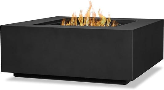 Real Flame Aegean 36”in Square Propane or Natural Gas Fire Pit Table, 50,000 BTU, Powder-Coated Steel, Push-Button Ignition, CSA Certified, Lava Rock, Storage Cover, Stainless Steel Burner with Lid