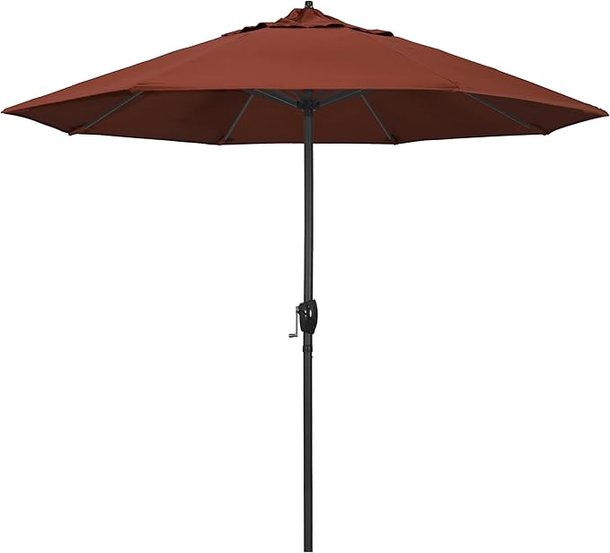 California Umbrella 9' Rd Aluminum Patio Umbrella, Crank Lift, Auto Tilt, Black Finish, Sunbrella Terracotta
