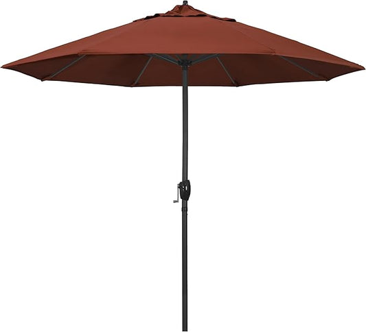 California Umbrella 9' Rd Aluminum Patio Umbrella, Crank Lift, Auto Tilt, Black Finish, Sunbrella Terracotta