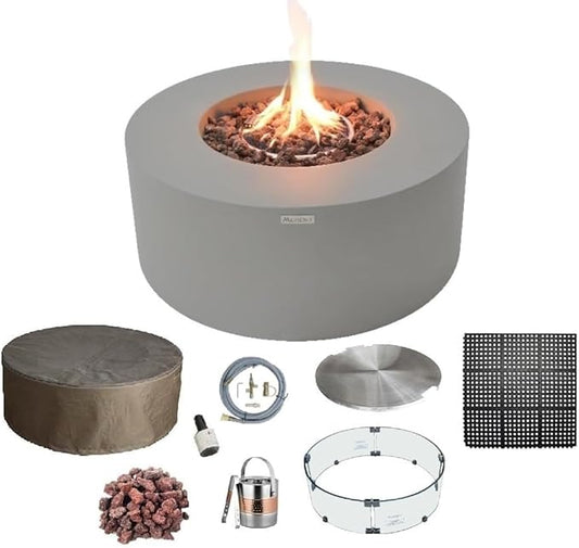 AMS Fireplace | Modeno Tramore Package | Light Gray Natural Gas Fire Pit Table for Outside Patio Bundle with Wind Guard, and SS Burner Lid | Free Ice Bucket & Rubber Mat