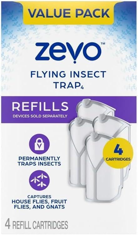 Zevo Fly, Gnat & Mosquito Trap Refill Cartridges, 4 Count – Plug-in Device Compatible, Indoor Use