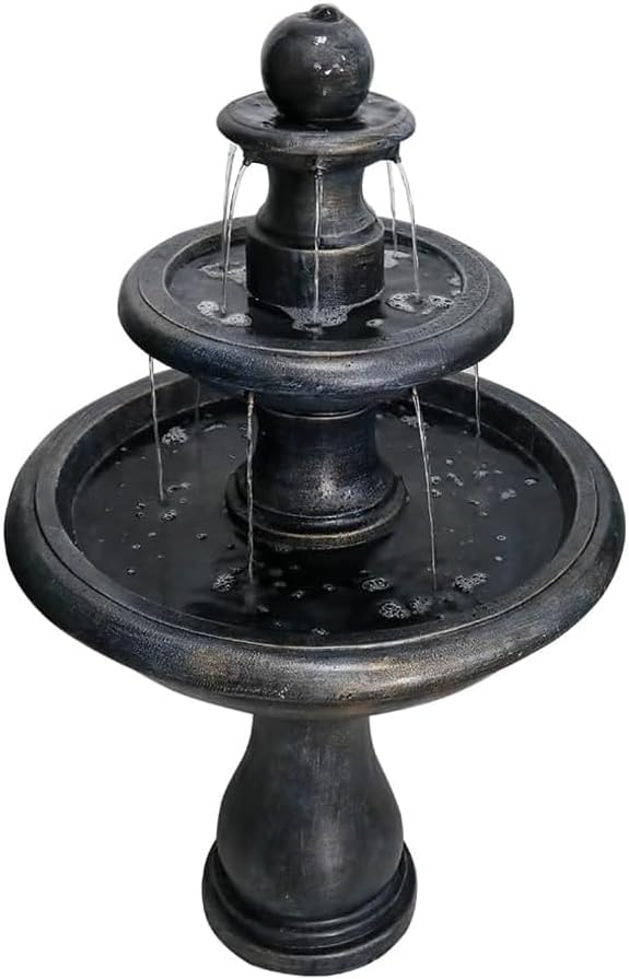ourrco 45.2” H Outdoor Floor Water Fountain, 3-Tiers Concrete Water Fountain with Submersible Electric Pump - Garden Cascading Waterfall for Yard Patio Lawn Home Decor