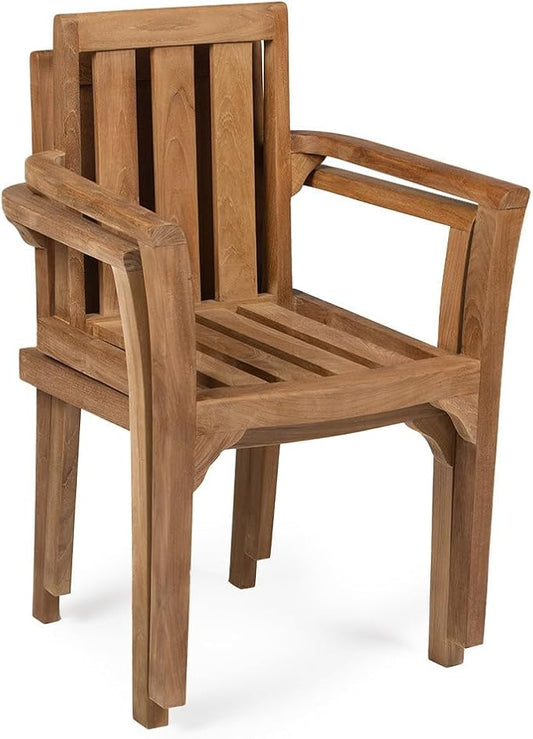 TITAN GREAT OUTDOORS Ash & Ember Sage Grade A Teak 2 Pack Classic Stacking Armchairs, Weather Resistant Premium Solid Wood Patio Lounge Chair with Intricate Back Support, Gently Curved Seat, Armrests