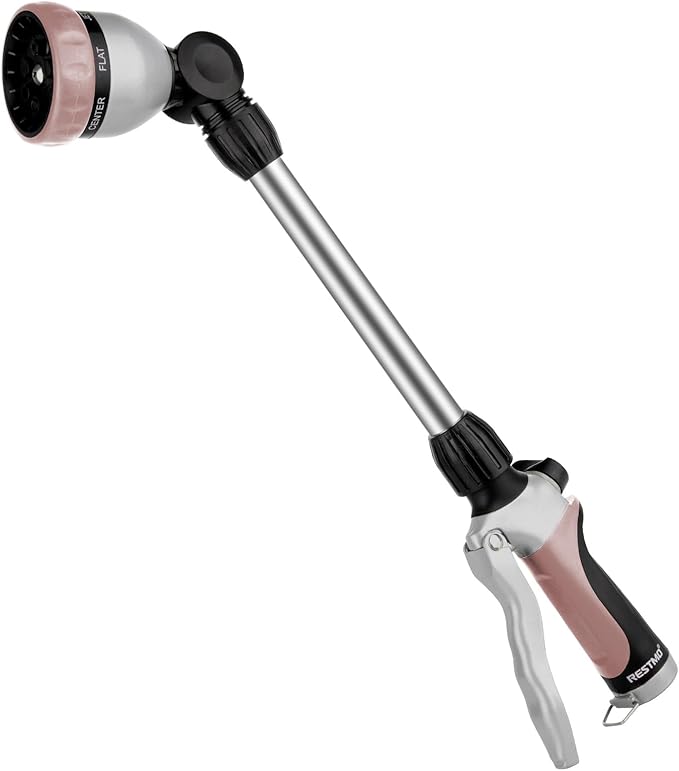 RESTMO Metal Watering Wand, Heavy Duty Garden Hose Wand with 180° Swivel Head, 16'' Hose Nozzle Sprayer with 7 Spray Patterns and Flow Control, for Water Hanging Baskets and Shrubs, Rose Gold