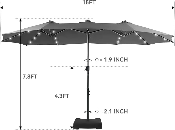 GREEN PARTY 15 ft Rectangle Patio Umbrella with Solar Lights and Base Included, Double-Sided Market Table Umbrella with Crank, Large Outdoor Umbrellas for Patio Poolside Garden Backyard, Smoky Gray