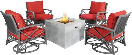 Kinger Home 32-Inch 5-Piece Outdoor Propane Smokeless Concrete Fire Pit Set for Patio, 50,000 BTU CSA Certified, Square, Red Cushion