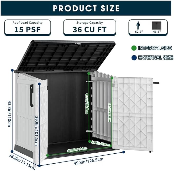 Horizontal Storage Shed, Outdoor Resin Storage Shed 36 Cu. Ft. Garden Extra Large Capacity Weather Resistant Storage Box, Lockable Waterproof Shed for Garden Tools