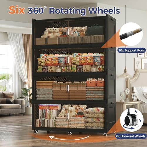 600QT Extra Large Storage Bins with Lid and Wheels, 150Gal Stackable Closet Organizers and Storage Cabinet, Collapsible Storage Box Drawer with Doors for Home Kitchen Office Dorm, 3Pack Black