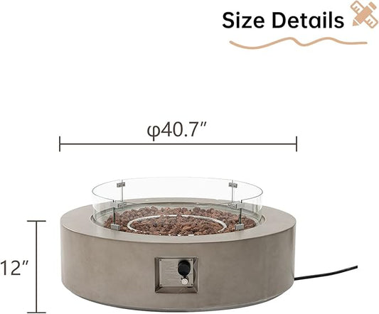 HOMPUS Outdoor Round Propane Fire Pit Table, 41''Fire Table w Wind Guard, 50000 BTU Fire Pit w Free Waterproof Cover & Fire Stone for Patio, Garden, Grey