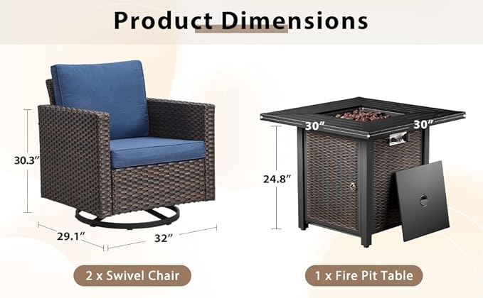 Wicker Outdoor Swivel Chairs Set of 4 with Fire Pit Table, 5 Pieces Patio Furniture Set with Fire Pit Table for Yard, Deck, Garden, Brown/Beige