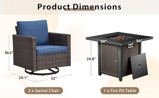 Wicker Outdoor Swivel Chairs Set of 4 with Fire Pit Table, 5 Pieces Patio Furniture Set with Fire Pit Table for Yard, Deck, Garden, Brown/Blue