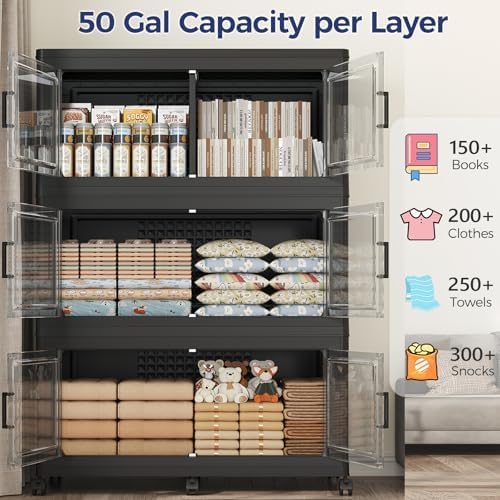 800 QT Extra Large Stackable Storage Bins with Lid, 200 Gal Collapsible Storage Box with Wheels, Folding Closet Organizers and Storage Cabinet with Doors for Home, Kitchen, Office, 4Pack Black