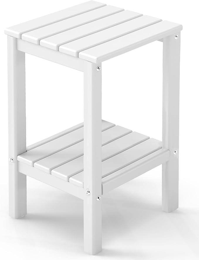 GREENVINES Tall-Outdoor-Side-Table | 23.5" | HDPE Plastic | Patio Adirondack End Tables | All Weather | 2-Tier | White | for Porch Garden Indoor & Rocking Chairs