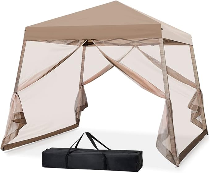 INTER HUT 10x10 Pop up Canopy Tent with Mesh Netting, Slant Leg Instant Screened House Gazebo, Beige