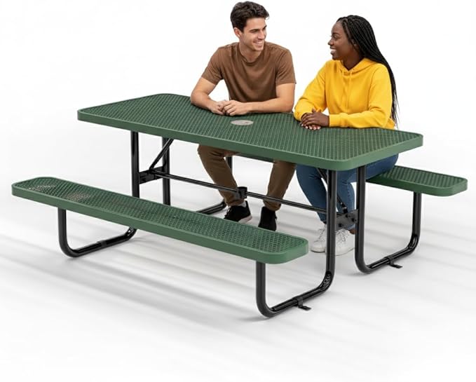OUTTANS Commercial Heavy-Duty Metal Picnic Table - ADA Compliant, Adjustable Seats, Umbrella Hole, Expanded Metal (Green, 6' Rectangular)