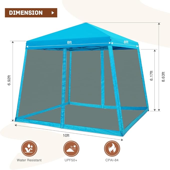 INTER HUT 10x10 Pop up Canopy Tent with Mesh Netting, Slant Leg Instant Screened House Gazebo, Light Blue