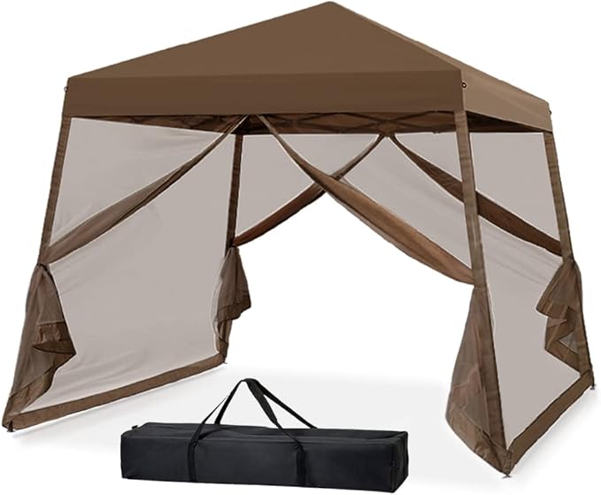 INTER HUT 10x10 Pop up Canopy Tent with Mesh Netting, Slant Leg Instant Screened House Gazebo, Brown