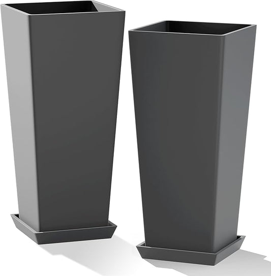 Set of 2 Tall Planters with Drainage Tray, 24 Inch Large Flower Pots for Indoor Outdoor Plants Mordern Planter Weather-Resistant for Patio, Front Door Decor, Garden (Gray)