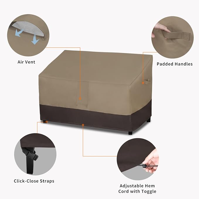 Easy-Going Heavy Duty 2-Seater Patio Couch Cover - Windproof Outdoor Furniture with Air Vent (76Wx32.5Dx33H inch, Camel/Dark Brown)