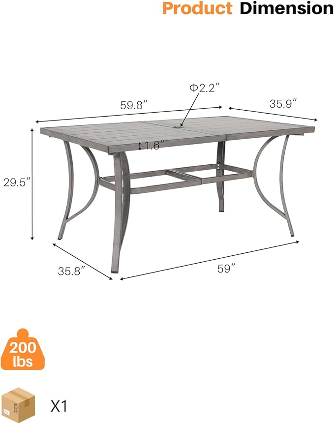 SEEHILL Aluminum Patio Dining Table for 6, Limed Oak Outdoor Rectangle Dining Table with Umbrella Hole, Rustproof 6 Person Outdoor Dining Tables for Backyard, Deck, Garden, Poolside, Porch