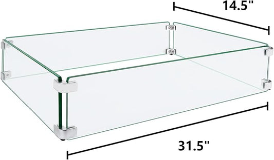 Fire Pit Wind Guard, 31.5"x14.5"x6" Glass Wind Guard for Fire Pit Square Table, Made of Clear Tempered Glass, Set with Assembly Instructions, Easy to Install
