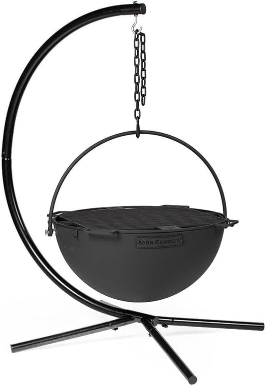 Ash & Ember 30" Cast Iron Cauldron Fire Pit Bowl, Double Hinged Grill Grate with Easy-Lift Handles, Handing Chain and Cauldron Stand, Round Wood Burning Patio Fire Bowl for Backyard Entertainment