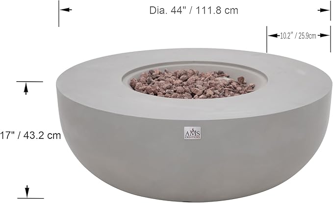 AMS Creations | Eclipse 44" Bundle Round Cast Concrete Natural Gas Fire Pit Bowl Table | Light Gray | Smooth Texture Surface | Electronic Ignition | Outdoor Patio Heater Outside Backyard Fireplace