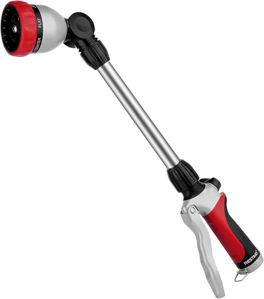 RESTMO Metal Watering Wand, Heavy Duty Garden Hose Wand with 180° Swivel Ratcheting Head, 16'' Hose Nozzle Sprayer with 7 Spray Patterns and Flow Control, for Water Hanging Baskets and Shrubs, Red