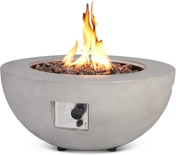 31.5 Inch Round Propane Fire Pit Table - Concrete Round Fire Bowl 50,000 BTU Gas FirePit Burner with Steel Lid, Lava Rocks, Rain Cover for Outside Patio, Backyard, Party